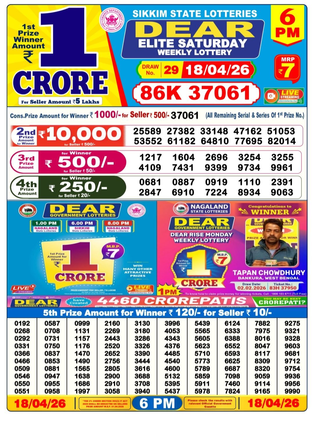 Dear Lottery Result 6 PM